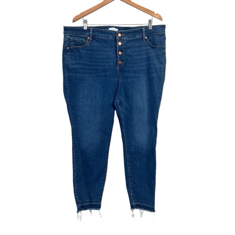 LOFT Plus High Rise Button Front Fray Hem Jeans Authentic Indigo Wash - Picture 4 of 15